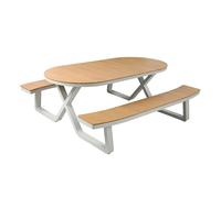 AXI Jax Mesa de Picnic, Ovalada, Aspecto Teca, para 6 Personas, Blanca | Mueble de Jardin con Bancos Integrados, Aluminio y polywood | Conjunto para Exterior | 200 x 190 x 75 cm