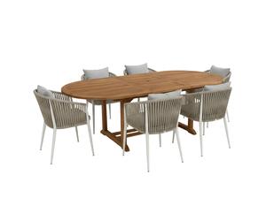 AXI Marzi/Faye Conjunto de jardn, 7 piezas para 6 personas - Beige | Conjunto de comedor de teca con mesa de jardn ovalada extensible | Con 6 sillas de jardn, cojines incluidos
