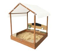 AXI MEli arenero y casita de juegos de madera con cocina y tejadillo - Marron | Con pizarra, deposito de agua y set de 6 piezas | Con revestimiento | 120 x 120 x 144,5 cm