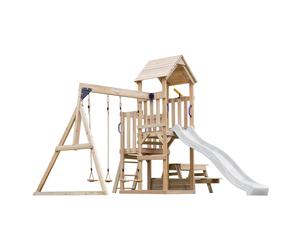 AXI Mette Parque infantil de madera con 2 columpios, Tobogan blanco, mesa de picnic | Parque infantil al aire libre con arenero | Juegos de madera al aire libre