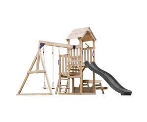AXI Mette Parque infantil de madera con 2 columpios, Tobogan Gris, mesa de picnic | Parque infantil al aire libre con arenero | Juegos de madera al aire libre