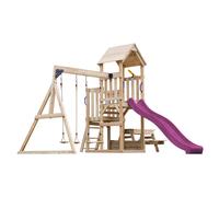 AXI Mette Parque infantil de madera con 2 columpios, Tobogan morado, mesa de picnic / Parque infantil al aire libre con columpios / arenero / telescopio / columpio portico