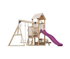 AXI Mette Parque infantil de madera con 2 columpios, Tobogan morado, mesa de picnic / Parque infantil al aire libre con columpios / arenero / telescopio / columpio portico