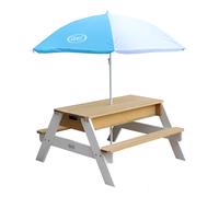 AXI Nick Kids Sand & Water Picnic Table made of Wood | Water Play Table & Sand Table with Lid and Containers | Mesa infantil / Mud Table in Brown & White with Parasol for the Garden