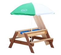 AXI Nick Mesa de agua y arena y Picnic para ninos de Madera | Water Table infantil con Tapa, Contenedores y Parasol en Marron | Juguetes de exterior / jardin