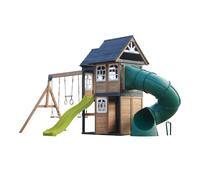 AXI Noud Parque infantil de madera, 2 columpios, Tobogan tubular y Tobogan verde limon | Casita XXL para ninos con estructura de escalada y trapecio | Para el jardin
