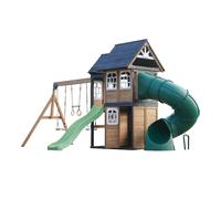 AXI Noud Parque infantil de madera, 2 columpios, Tobogan tubular y Tobogan verde pastel | Casita XXL para ninos con estructura de escalada y trapecio | Para el jardin