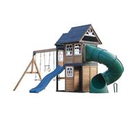 AXI Noud Zona de juegos de madera, 2 columpios, Tobogan tubular y Tobogan azul | Casita XXL para ninos con estructura de escalada y trapecio | Para el jardin