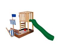 AXI Vicky Torre de juegos de madera en marron con Tobogan verde | Torre de juegos para ninos con arenero, cocina de juguete y pizarra | Versatil equipo de juegos para el jardin