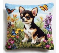 AxiangziK animal Kit Completo de Cojines de Punto de Cruz,Chihuahua y mariposa en flores,Cojines de Punto de Cruz DIY 11CT Funda De Almohada Bordada A Mano,45x45cm