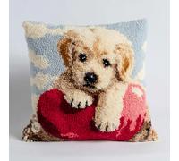 AxiangziK Animal Perro kits de gancho de pestillo,Cachorro sosteniendo un corazón de amor,almohada,bricolaje,ganchillo,manualidades para niños,adultos y principiantes,43x43cm