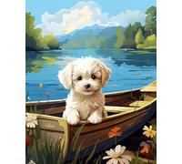 AxiangziK Kit de punto de cruz,Perro Bichón Frisé sentado en un barco de madera,para hacer tú mismo,juego completo de iniciación para principiantes preimpreso,40x50cm