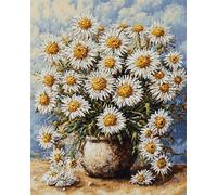 AxiangziK kit punto de cruz principiantes niños,Flores de margarita blanca en jarrón,Punto de Cruz de Bordado Que Incluye Hilos de Color Dibujo de Aguja de Paño de Algodón,40x50cm