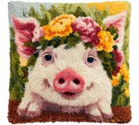 AxiangziK kits de gancho de pestillo para principiantes adultos,Cerdo rosa con una corona de flores,Kit de cojín de gancho de pestillo bordado,funda de cojín de sofá,43x43cm