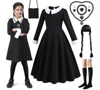 Axinyijia Conjunto de Disfraz de Miércoles Niñas, Vestido Miercoles Niña con Peluca Negra de Adam, Bolsa, Medias, Collar Disfraces Miércoles para Carnaval (120)