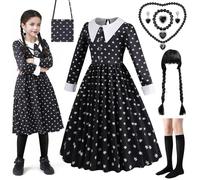 Axinyijia Conjunto de Disfraz de Miércoles Niñas, Vestido Miercoles Niña con Peluca Negra de Adam, Bolsa, Medias, Collar Disfraces Miércoles para Carnaval (130)