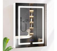 AxisFurn Armario con espejo de baño con iluminación LED, 3 luces ajustables, armario con espejo grande con estante y enchufe, armario de pared antivaho para ahorrar espacio, 60 x 80 cm, color blanco