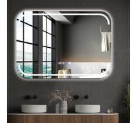 AxisFurn Espejo de baño con iluminación e interruptor táctil, LED, 3 colores de luz, regulable, 6500 K, espejo de pared con reloj e indicador de temperatura, espejo de baño con cristal a prueba de