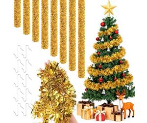 Axlyca Espumillon Arbol Navidad, 8PCS Espumillón de Navidad 2m con 10 Ganchos, Guirnaldas Navidad Dorado, Guirnalda Brillante, Guirnaldas Oropel para Decoracion Arbol de Navidads, Bodas, Fiesta