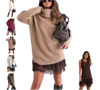 axodsnl Conjunto de Minivestido de suéter de Cuello Alto for Mujer, Vestido de suéter de 2 Piezas, Elegante Vestido Lencero con Ribete de Encaje y suéter 2026(Khaki,X-Large)