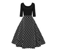 AXOE Mujer Vestido de Fiesta para Los Invitados de La Boda Años 50 Estilo Vintage 3/4 de Manga Larga Negro con Lunares Blanco, Talla 46, XXL