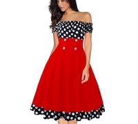 AXOE Mujer Vestido Homro Descubierto Rockabilly Años 50 Pin up Vintage con Cuello Elástico Verano Fiesta Lunares Rojo y Blanco, Talla 44, XL