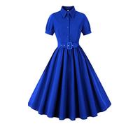 AXOE Mujer Vestido Rockabilly Años 50 Pin up con Cinturon Botones Delanteros Fiesta Boda Invitada Azul Medio, Talla 42, L