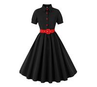 AXOE Mujer Vestido Rockabilly Años 50 Pin up con Cinturon Botones Delanteros Fiesta Boda Invitada Negro y Rojo, Talla 38, S