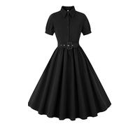 AXOE Mujer Vestido Rockabilly Años 50 Pin up con Cinturon Botones Delanteros Fiesta Boda Invitada Negro, Talla 44, XL