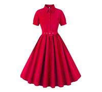 AXOE Mujer Vestido Rockabilly Años 50 Pin up con Cinturon Botones Delanteros Fiesta Boda Invitada Rojo, Talla 42, L