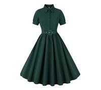 AXOE Mujer Vestido Rockabilly Años 50 Pin up con Cinturon Botones Delanteros Fiesta Boda Invitada Verde Oscuro, Talla 50, 4XL