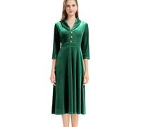AXOE Mujer Vestido Terciopel Elegante Invierno Vintage Elegante Festivo Vintage Midi Manga Larga 3/4 Ropa Invierno Invitada Boda Verde Esmeralda, Talla 40, M