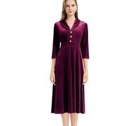 AXOE Mujer Vestido Terciopel Elegante Invierno Vintage Elegante Festivo Vintage Midi Manga Larga 3/4 Ropa Invierno Invitada Boda Burdeos, Talla 40, M