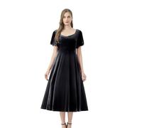 AXOE Mujer Vestido Terciopelo Elegantes Midi Manga Corta para Invierna Fiesta Invitada Boda Coctel Negro, Talla 38, S