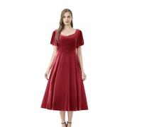 AXOE Mujer Vestido Terciopelo Elegantes Midi Manga Corta para Invierna Fiesta Invitada Boda Coctel Rojo, Talla 48, 3XL