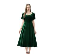 AXOE Mujer Vestido Terciopelo Elegantes Midi Manga Corta para Invierna Fiesta Invitada Boda Coctel Verde, Talla 38, S