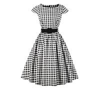 AXOE Mujer Vestido Vintage Años 50 Algodón Transpirable, Corte A-Línea, Escote Barco, Cinturón Desmontable Blanco y Cuadros Negro, Talla 50, 4XL