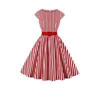 AXOE Mujer Vestido Vintage Años 50 Algodón Transpirable, Corte A-Línea, Escote Barco, Cinturón Desmontable Blanco con Rayas Rojo, Talla 48, 3XL