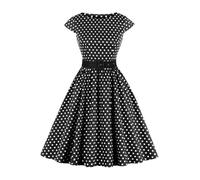 AXOE Mujer Vestido Vintage Años 50 Algodón Transpirable, Corte A-Línea, Escote Barco, Cinturón Desmontable Blanco con Lunares Negro, Talla 42, L