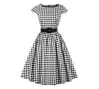 AXOE Mujer Vestido Vintage Años 50 Algodón Transpirable, Corte A-Línea, Escote Barco, Cinturón Desmontable Blanco y Cuadros Negro, Talla 38, S