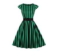 AXOE Mujer Vestido Vintage Años 50 Algodón Transpirable, Corte A-Línea, Escote Barco, Cinturón Desmontable Verde con Rayas Negro, Talla 38, S