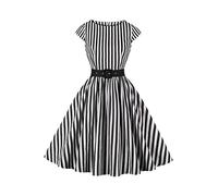 AXOE Mujer Vestido Vintage Años 50 Algodón Transpirable, Corte A-Línea, Escote Barco, Cinturón Desmontable Blanco con Rayas Negro, Talla 44, XL