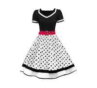 AXOE Mujer Vestido Vintage Años 50 Elegante Vestido de Fiesta para Ceremonia, Graduación, Comunión y Eventos Blanco y Lunares Negro, Talla 52, 5XL