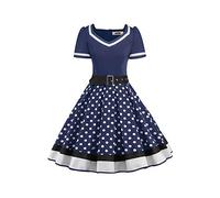AXOE Mujer Vestido Vintage Años 50 Elegante Vestido de Fiesta para Ceremonia, Graduación, Comunión y Eventos Azul Marino y Lunares Blanco, Talla 48, 3XL