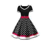 AXOE Mujer Vestido Vintage Años 50 Elegante Vestido de Fiesta para Ceremonia, Graduación, Comunión y Eventos Negro y Lunares Blanco, Talla 44, XL