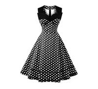 AXOE Mujer Vestido Vintage Años 50 Elegantes Algodón Sin Mangas Coctel Fiesta Invitada Boda Negro Lunares Blancos, Talla 42, L