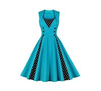 AXOE Mujer Vestido Vintage u Cóctel Años 50 60 A-Línea con Lunares Contraste Vestido Invitada Boda Fiesta Oficina Algodón Elástico Turquesa, Talla 52, 5XL