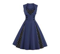 AXOE Mujer Vestido Vintage u Cóctel Años 50 60 A-Línea con Lunares Contraste Vestido Invitada Boda Fiesta Oficina Algodón Elástico Azul Marino, Talla 44, XL