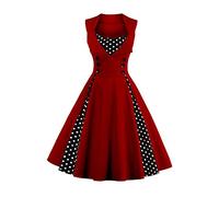 AXOE Mujer Vestido Vintage u Cóctel Años 50 60 A-Línea con Lunares Contraste Vestido Invitada Boda Fiesta Oficina Algodón Elástico Burdeos, Talla 46, XXL