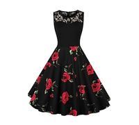 AXOE Vestido Mujer Años 50 Vintage Midi Floral Vestido de Fiesta Elegante Algodón con Encaje para Boda, Comunión y Verano Negro F1B, Tallas 46, XXL